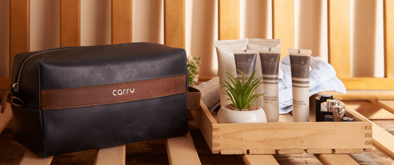 Blue and brown leather toiletry kit.